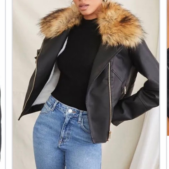 Forever 21 Jackets & Blazers - NWOT-Forever21 Black Faux Leather Moto Jacket w/removable fur collar, fits Med.